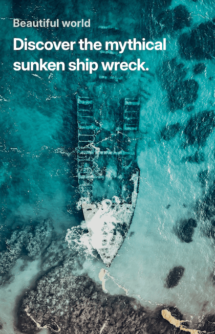 Aerial view of a sunken shipwreck in clear turquoise waters, partially covered by white waves, surrounded by dark coral formations. Text overlay reads 'Beautiful world - Discover the mythical sunken ship wreck.'